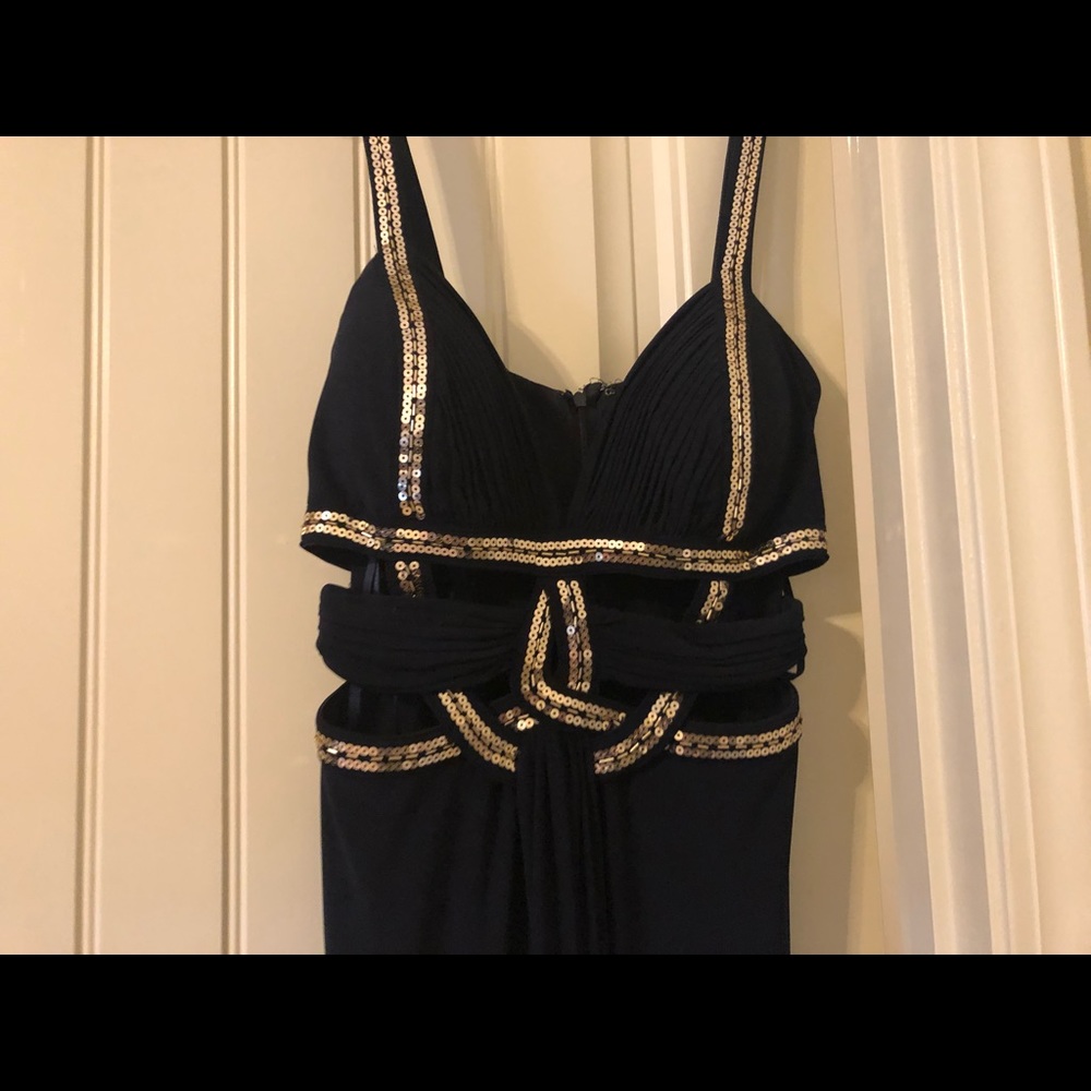 Navy blue and gold prom dress